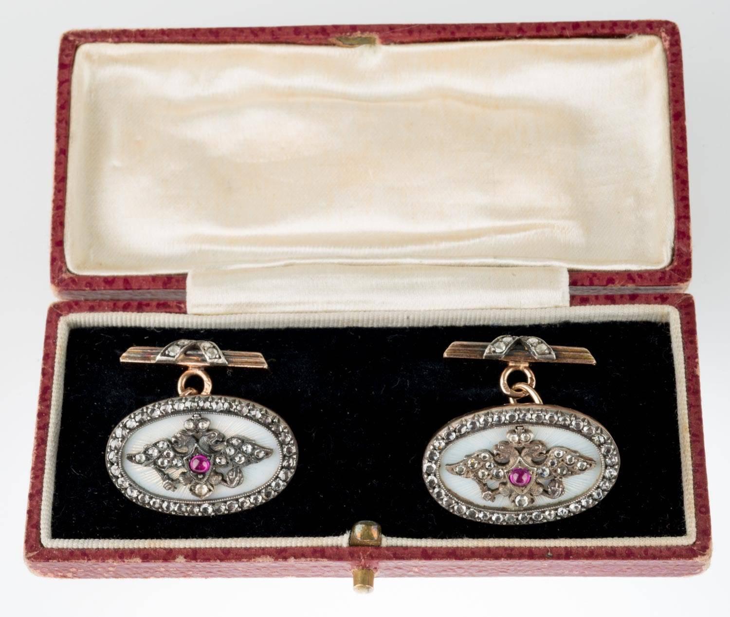 19th Century August Hollming Workmaster for Faberge Guilloche Enamel Gold Diamond Cuff Links