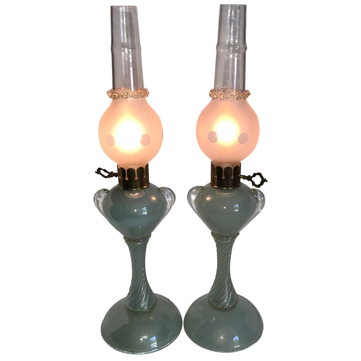 Italian Pair Of Turquoise Lustered Murano Glass Table Lamps