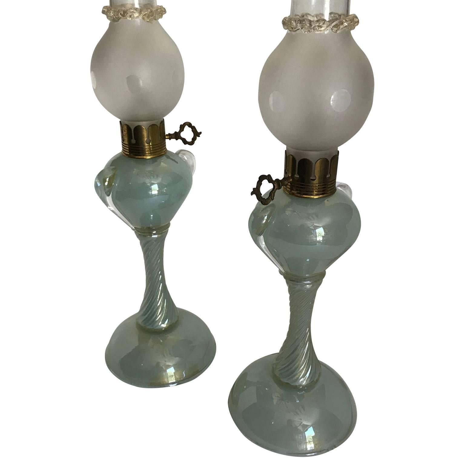 Frosted Pair Of Turquoise Lustered Murano Glass Table Lamps