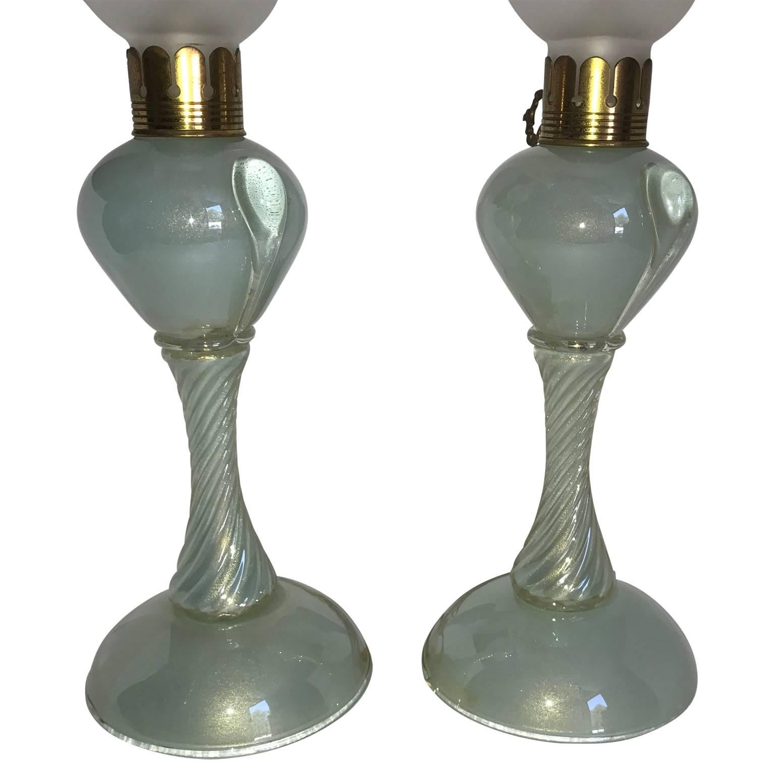 Brass Pair Of Turquoise Lustered Murano Glass Table Lamps