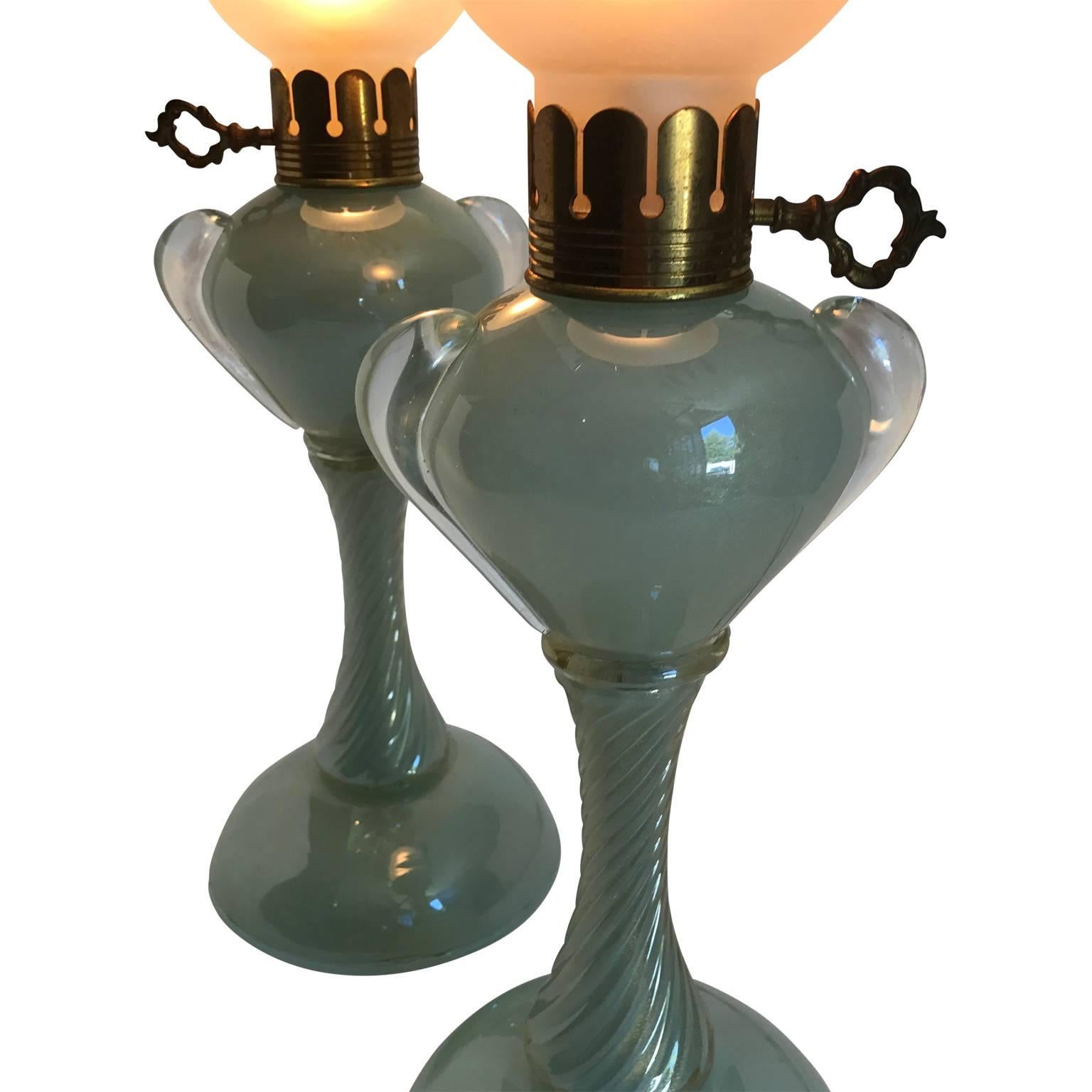 Pair Of Turquoise Lustered Murano Glass Table Lamps 2