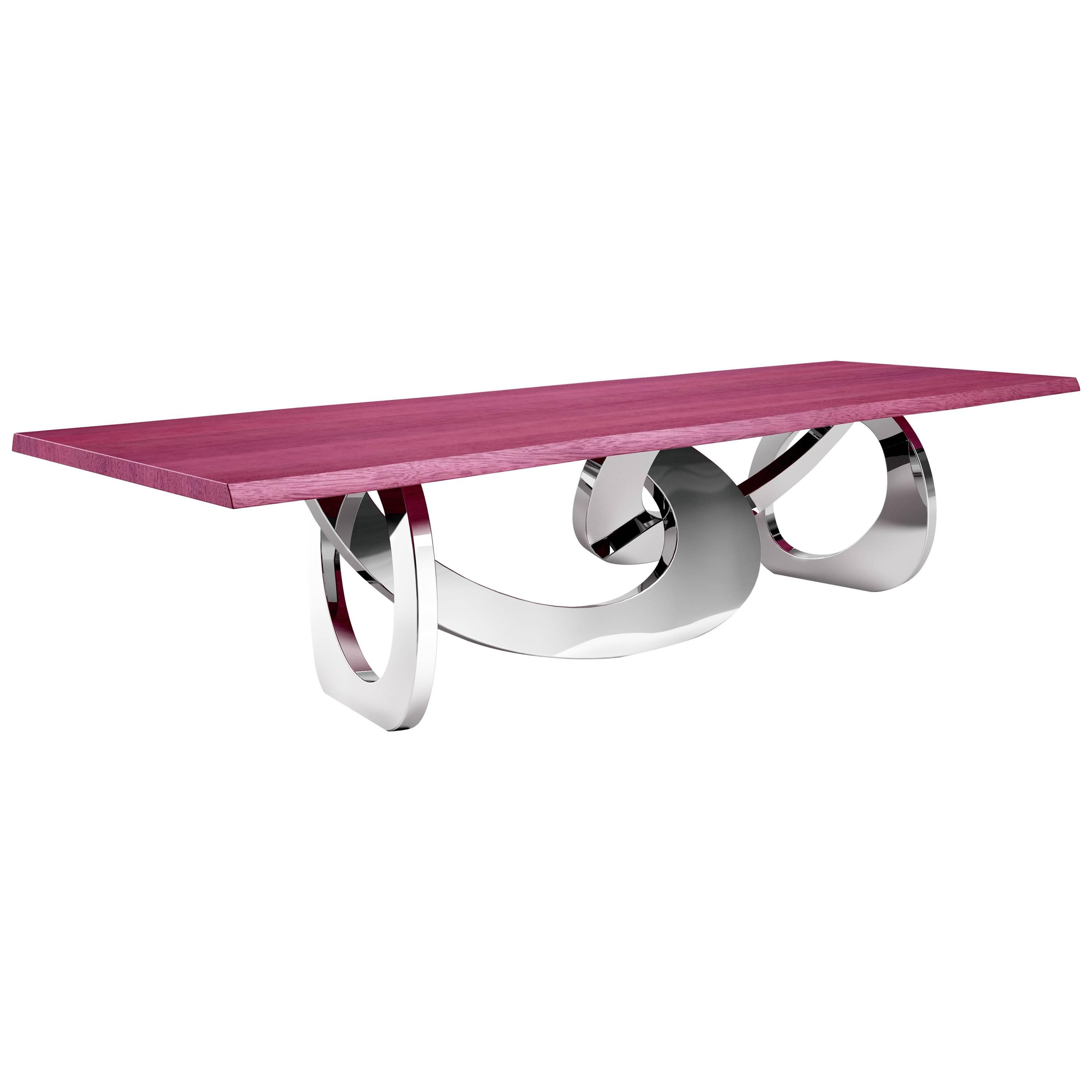 Table de salle à manger moderne Base à anneaux en acier miroir Plateau en bois massif Magenta Made in Italy en vente