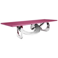 Modern Dining Table Mirror Steel Rings Base Solid Wood Magenta Top Made in Italy