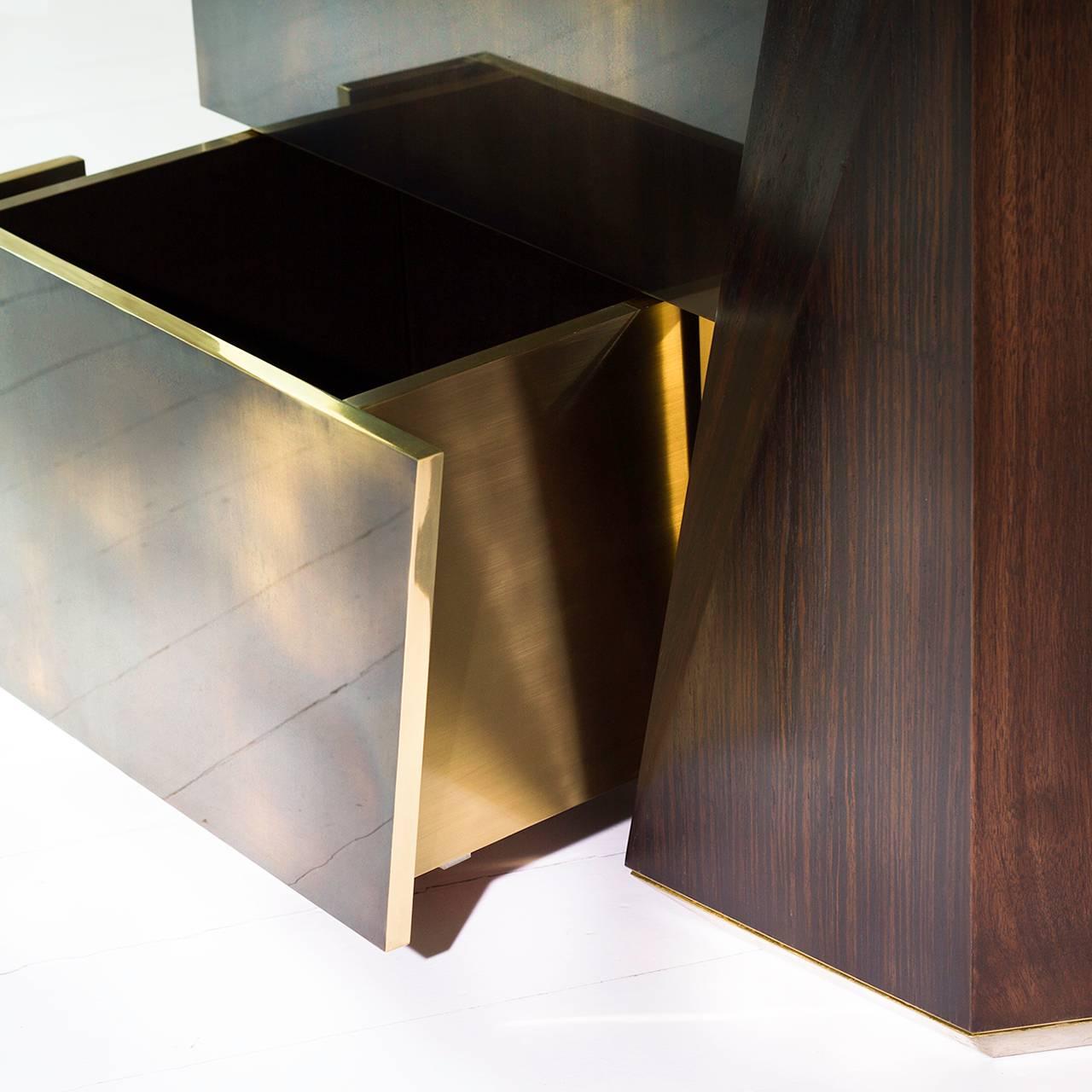 Blackened Pair of MMXVIGC Dual Drawer Brass and Walnut Nightstand Console or Side Table
