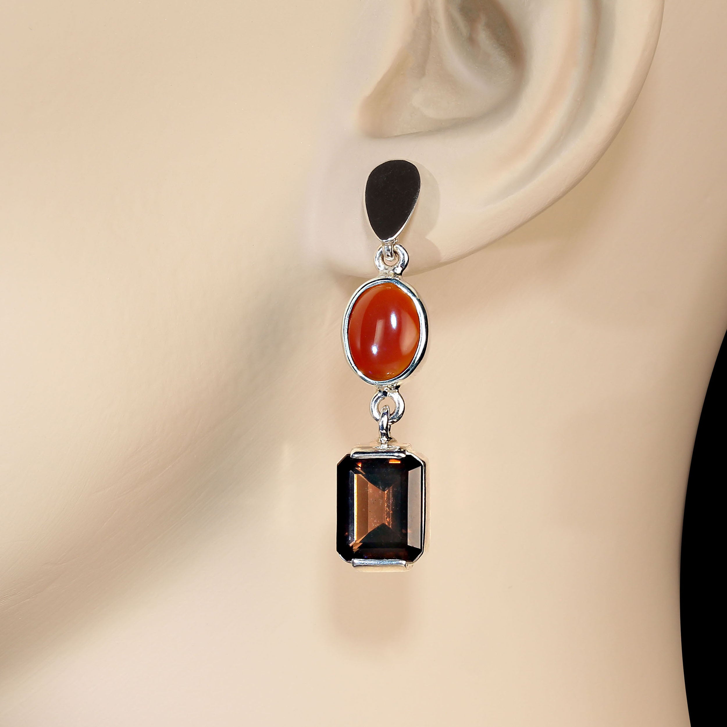 AJD Elegant Carnelian and Smoky Quartz Dangle Earrings For Sale