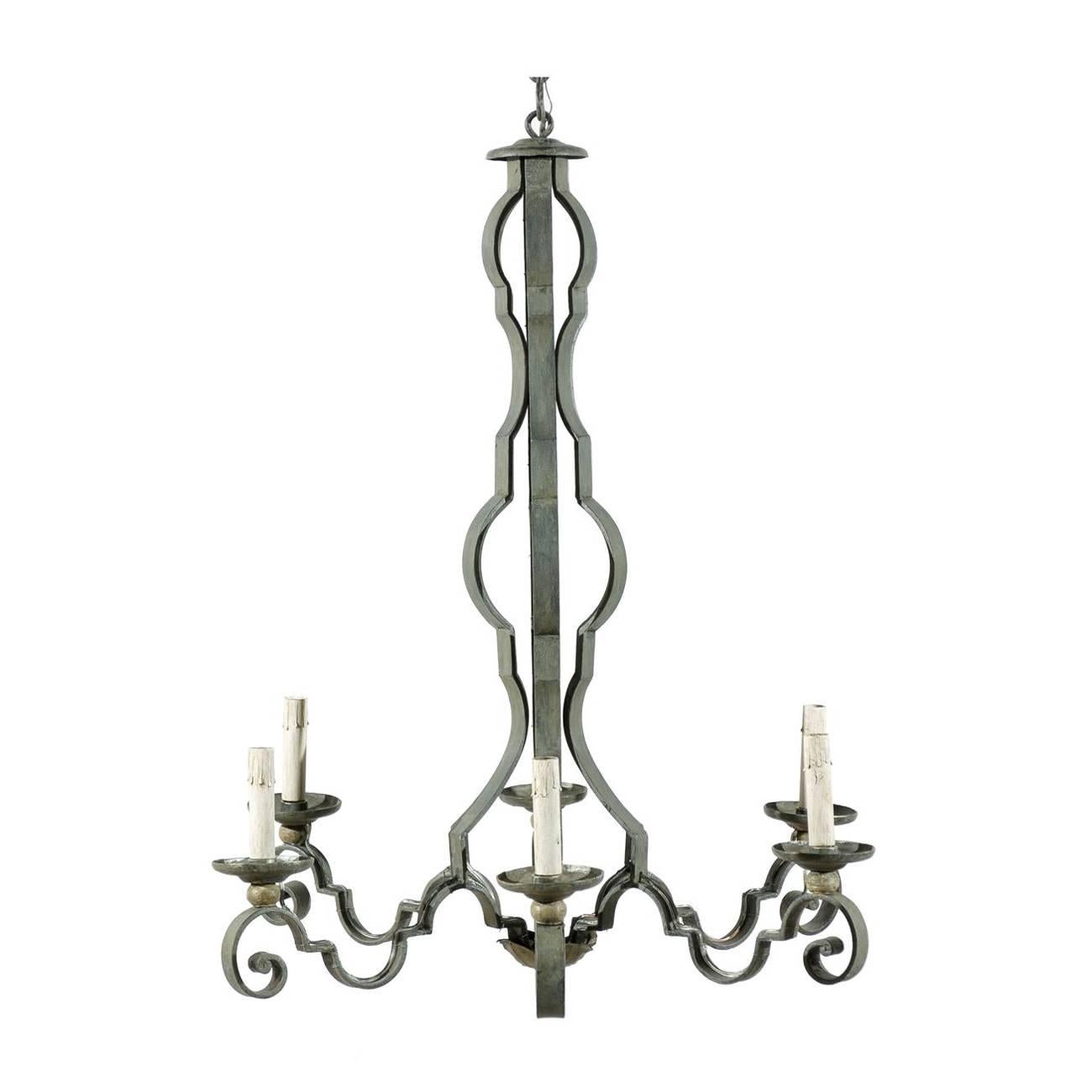 French Painted Iron Column-Style 6 Light Chandelier, Rewired for the US  For Sale