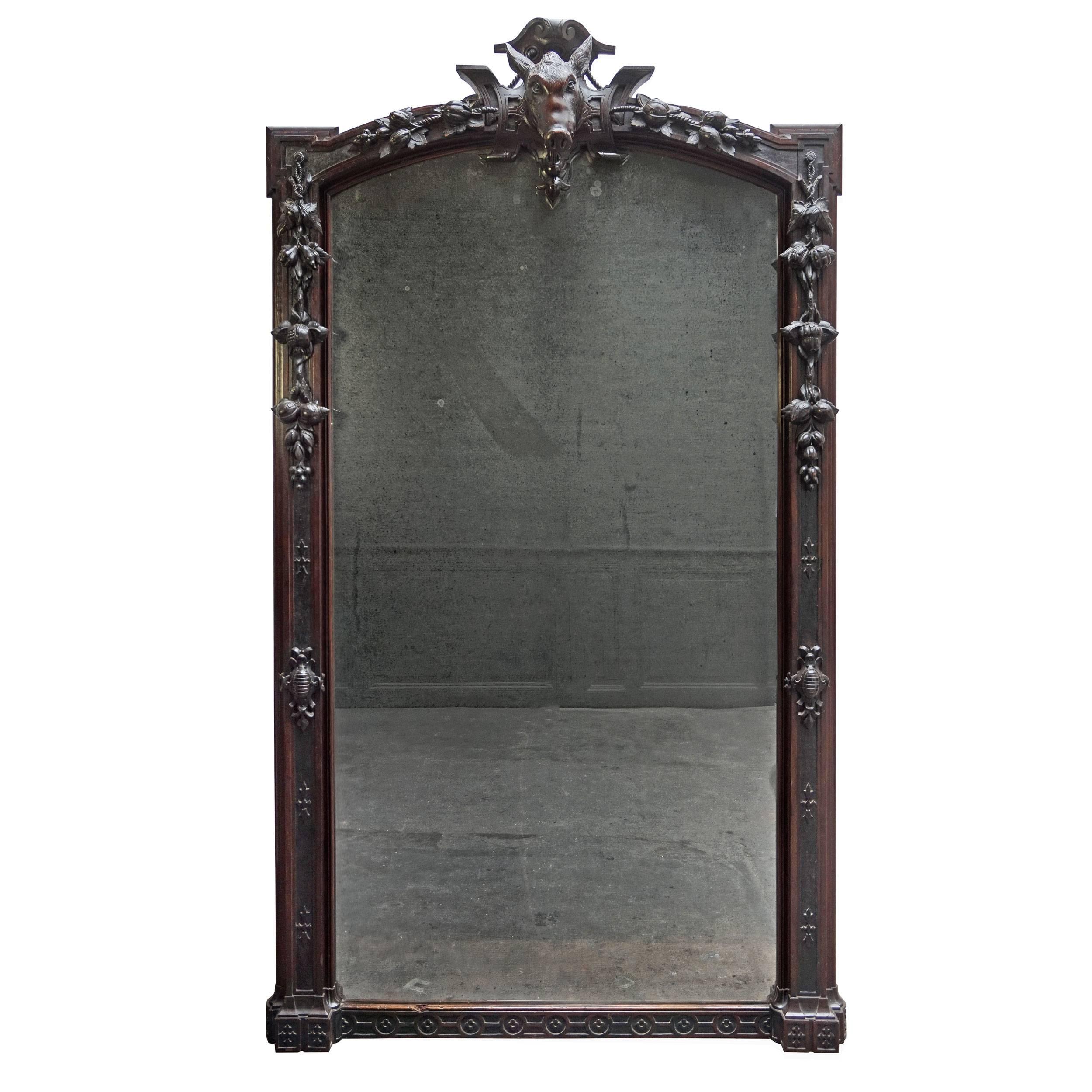 Huge 19th Century Fine Carved French Oak Mirror with Boar's Head