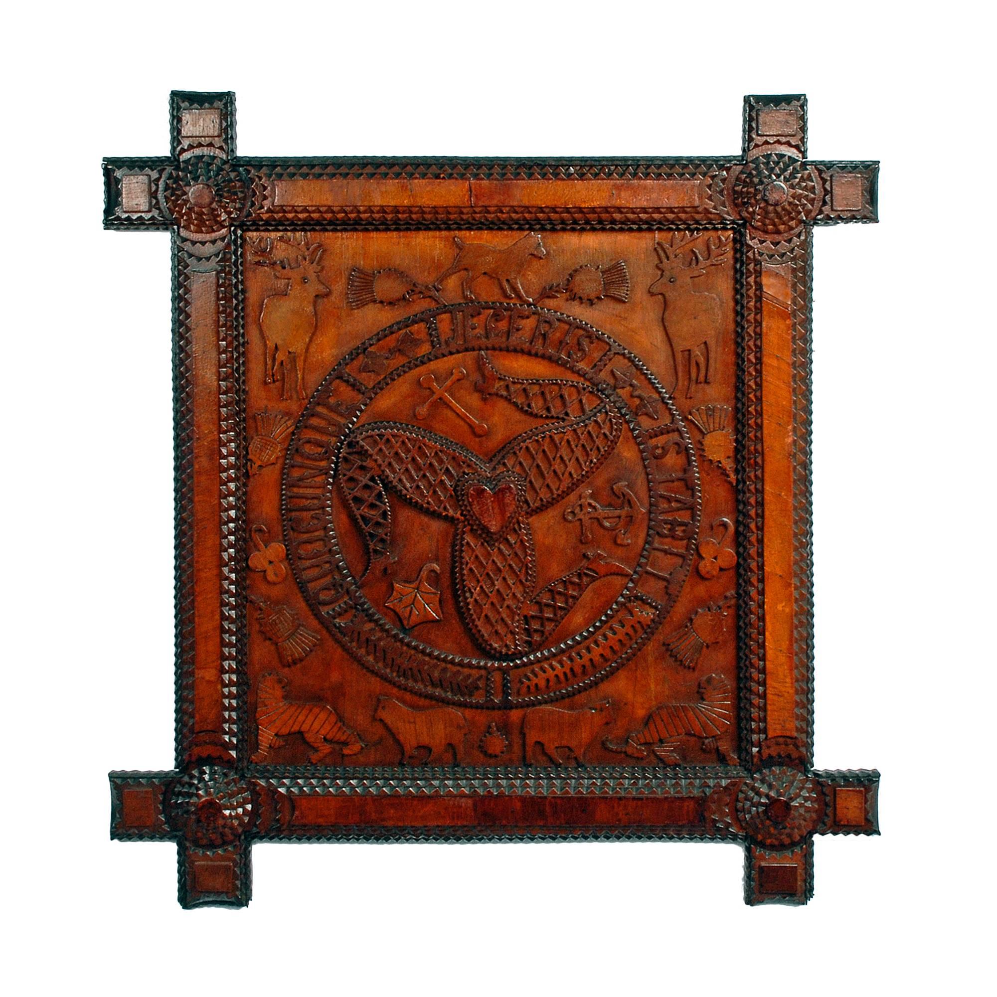 Figural Tramp Art Plaque with the Coat of Arms of the Isle of Man For Sale