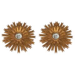 Sculptural Pair of Gold Leaf Sunburst Mirrors