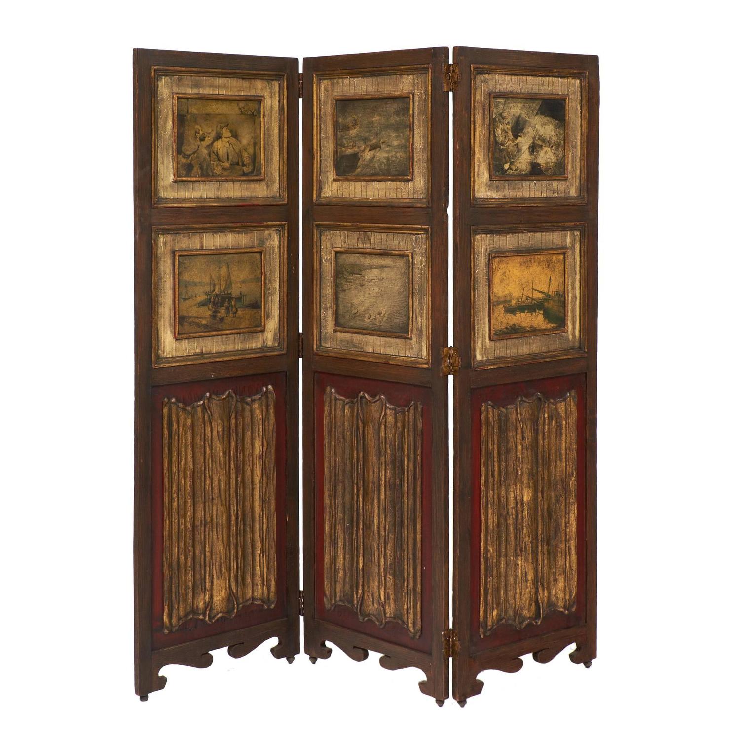 Antique Painted ThreePanel Folding Screen For Sale at 1stdibs