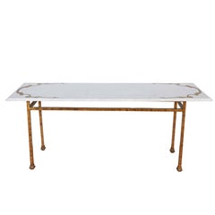 Mid-Century Italian Marble Top Console on Hammered and Gilt Iron Base