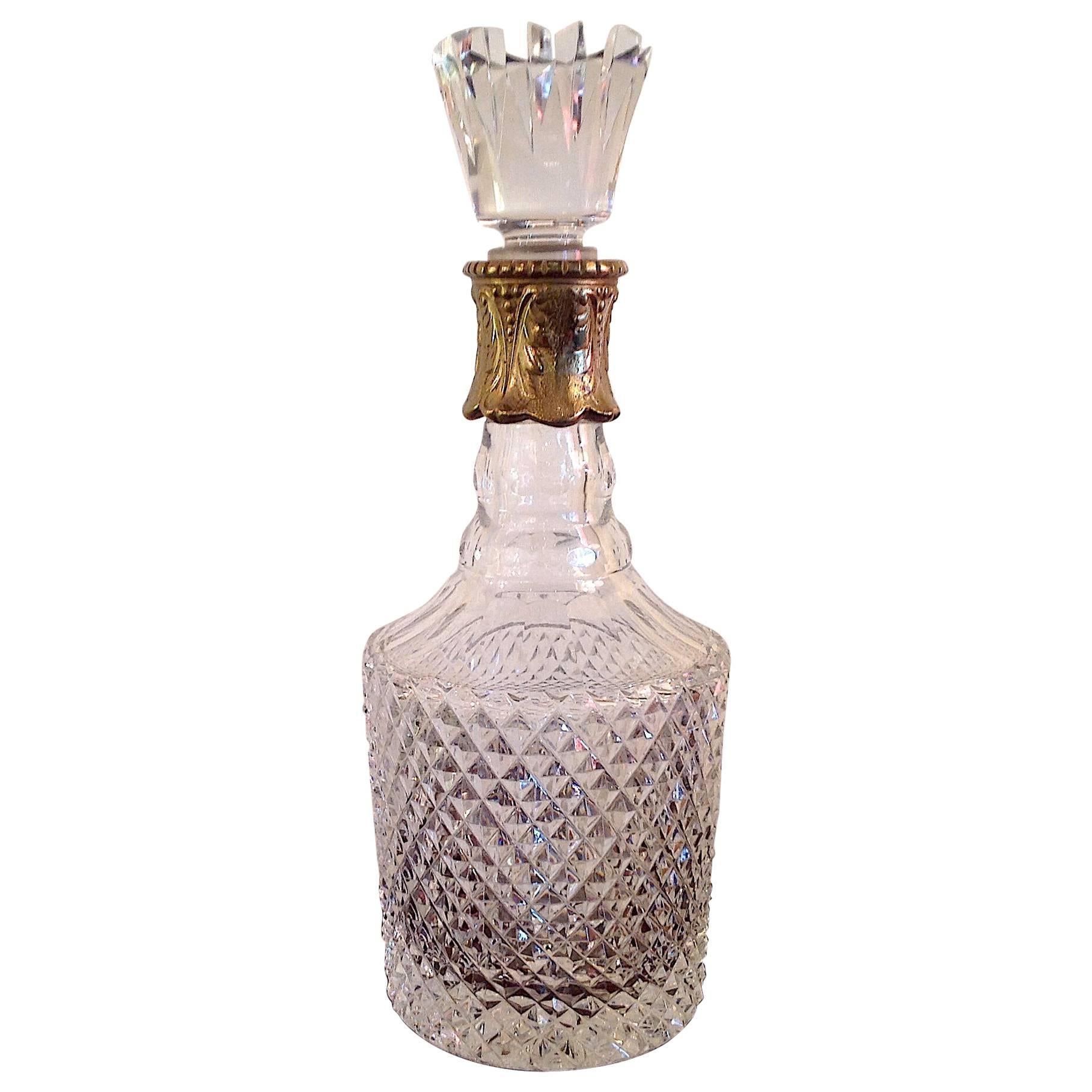 Vintage Fine Cut Crystal Decanter with Mounted Brass Neck For Sale