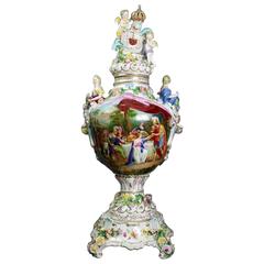 Large Hand-Painted Porcelain Figural Covered Meissen Urn, 19th Century