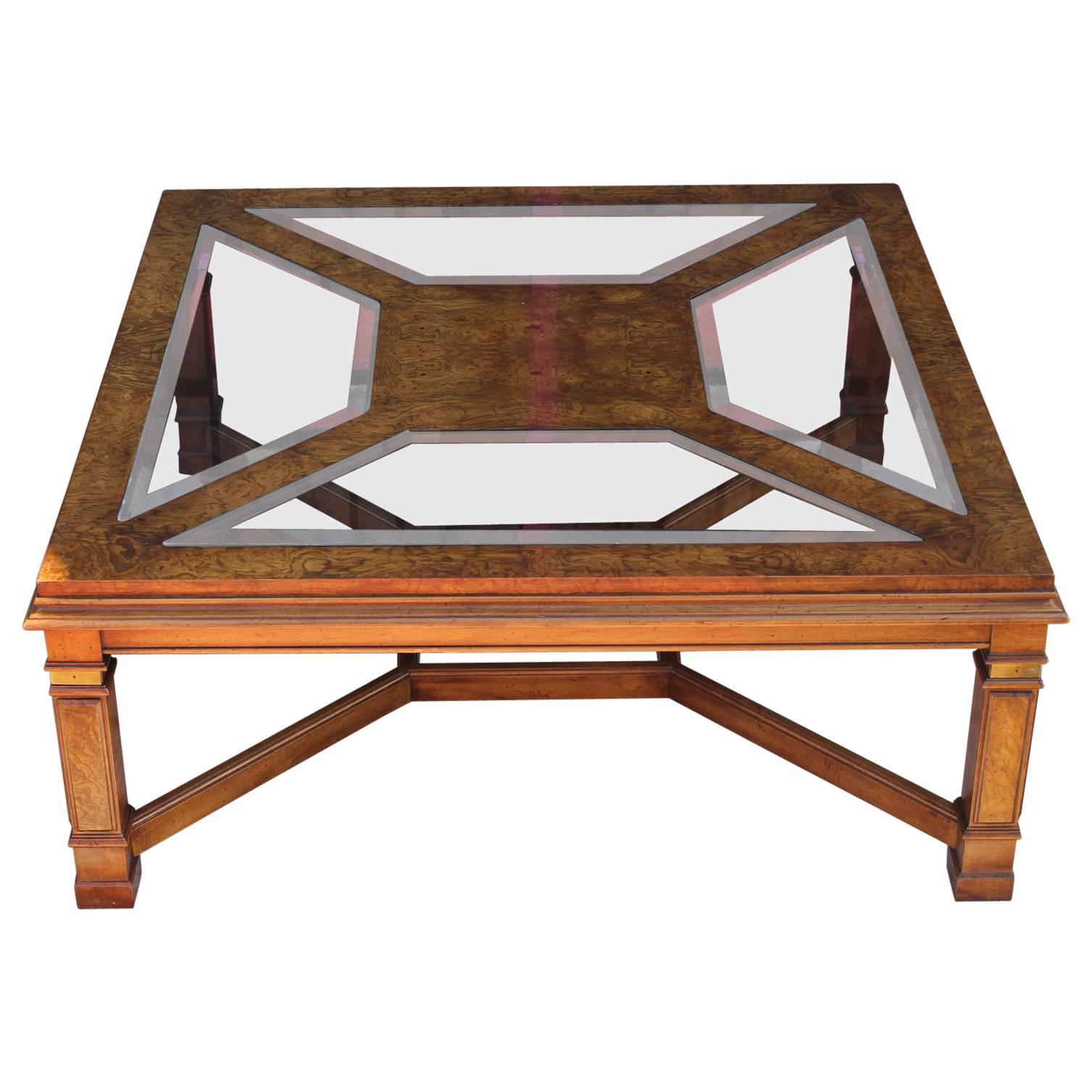 Modern Burl Brass and Smoked Glass Square Coffee Table