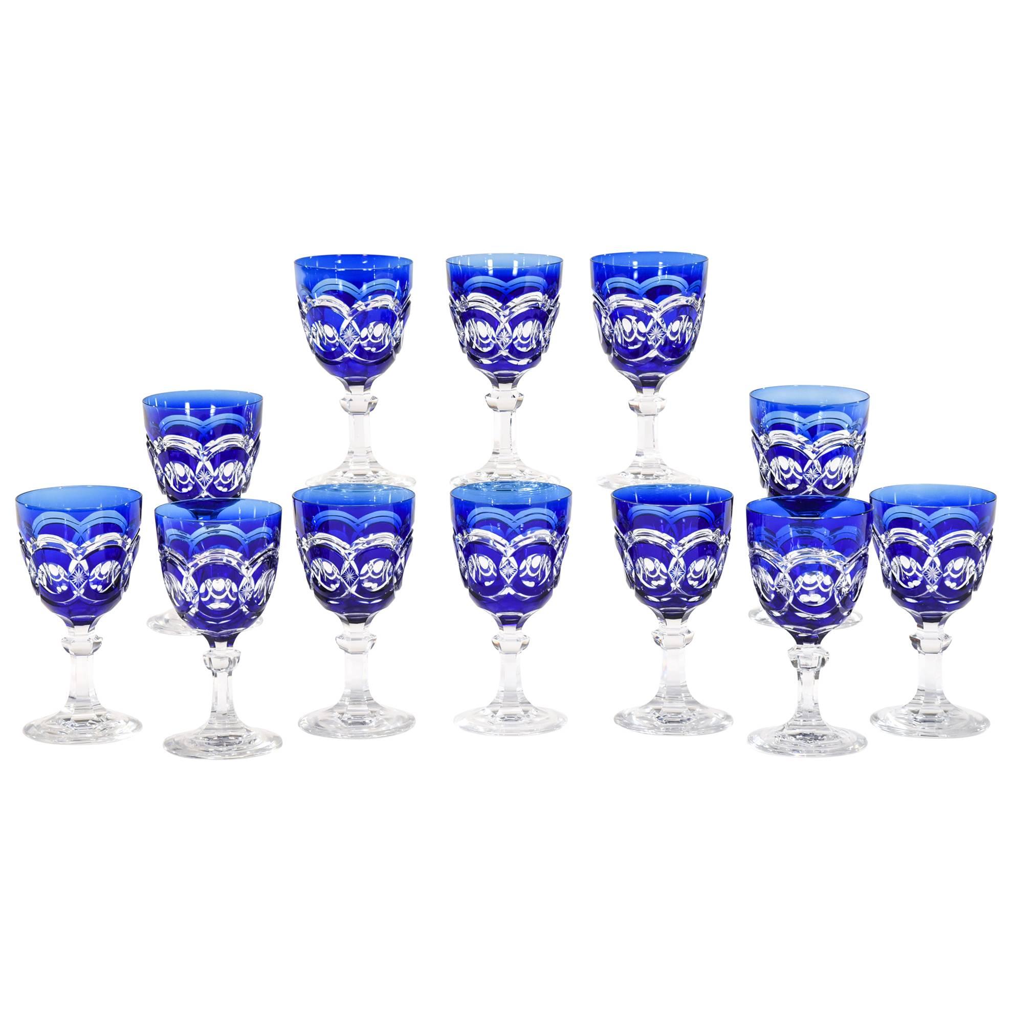 Twelve Val Saint Lambert Hand Blown Crystal Goblets, Cobalt Blue Cut to Clear