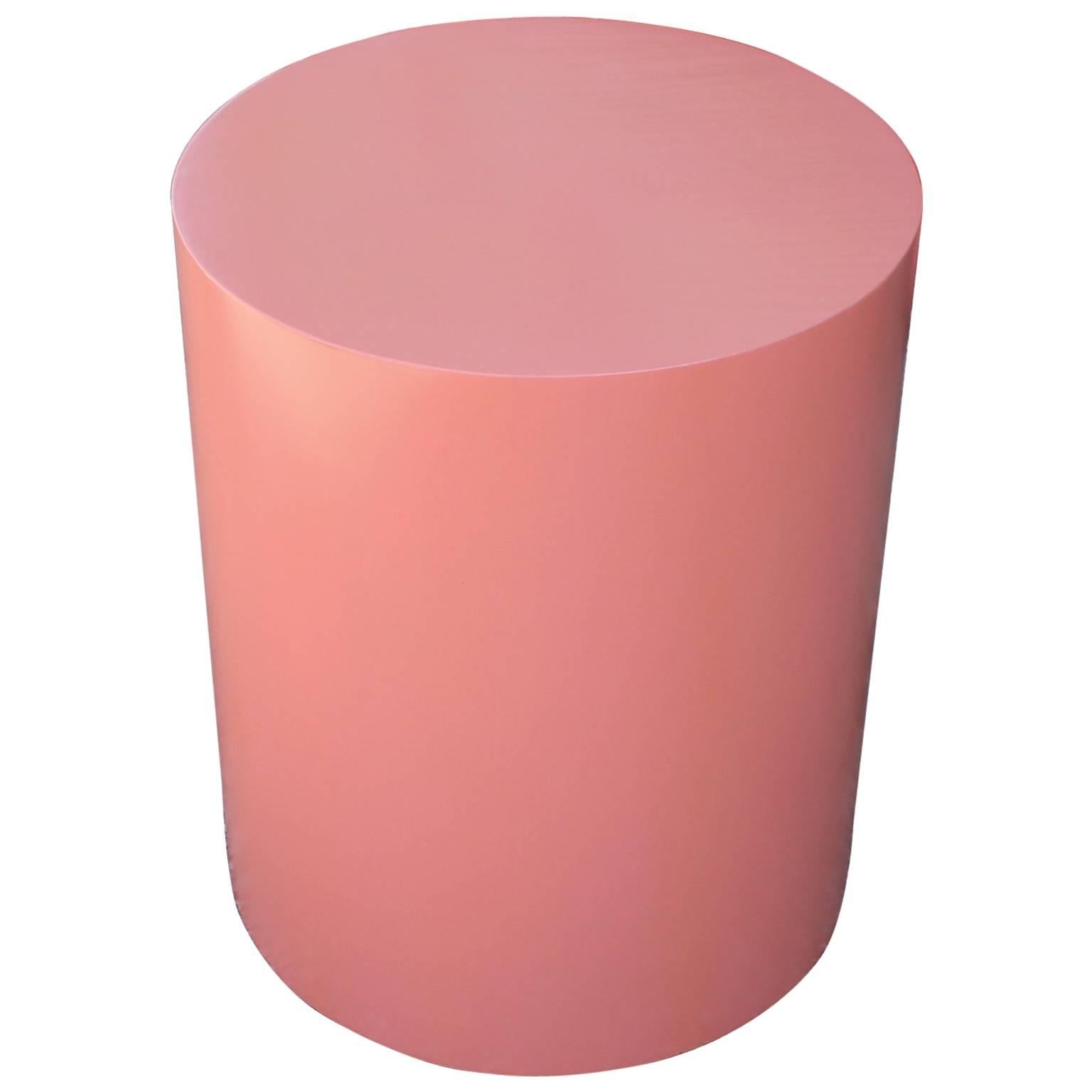 Glossy Coral Lacquered Modern Drum Side Table