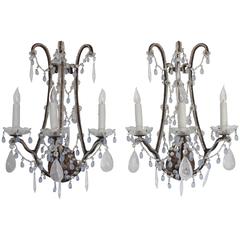 Pair of French Style Iron and Rock Crystal Sconces