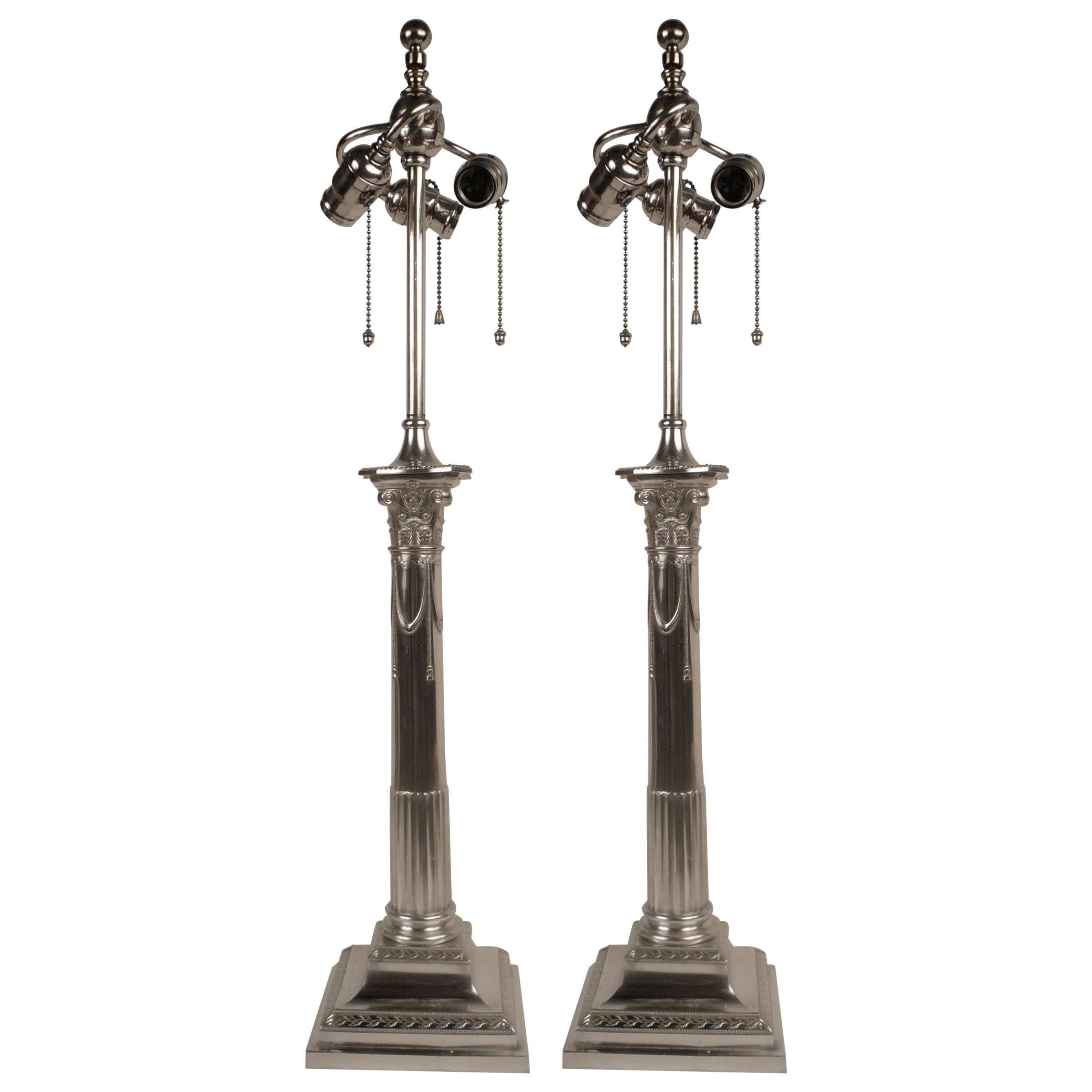 Pair of E. F. Caldwell Silver Plated Columnar Lamps