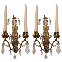 Pair of 19th Century Brass Wall Candleholder Sconces Bavarian Crystal