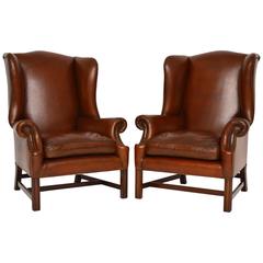 Antique Chippendale Style Leather Wing Armchairs