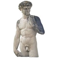 Weathered Lifesize Cast Cement Statue of Male Nude after Michelangelo's David