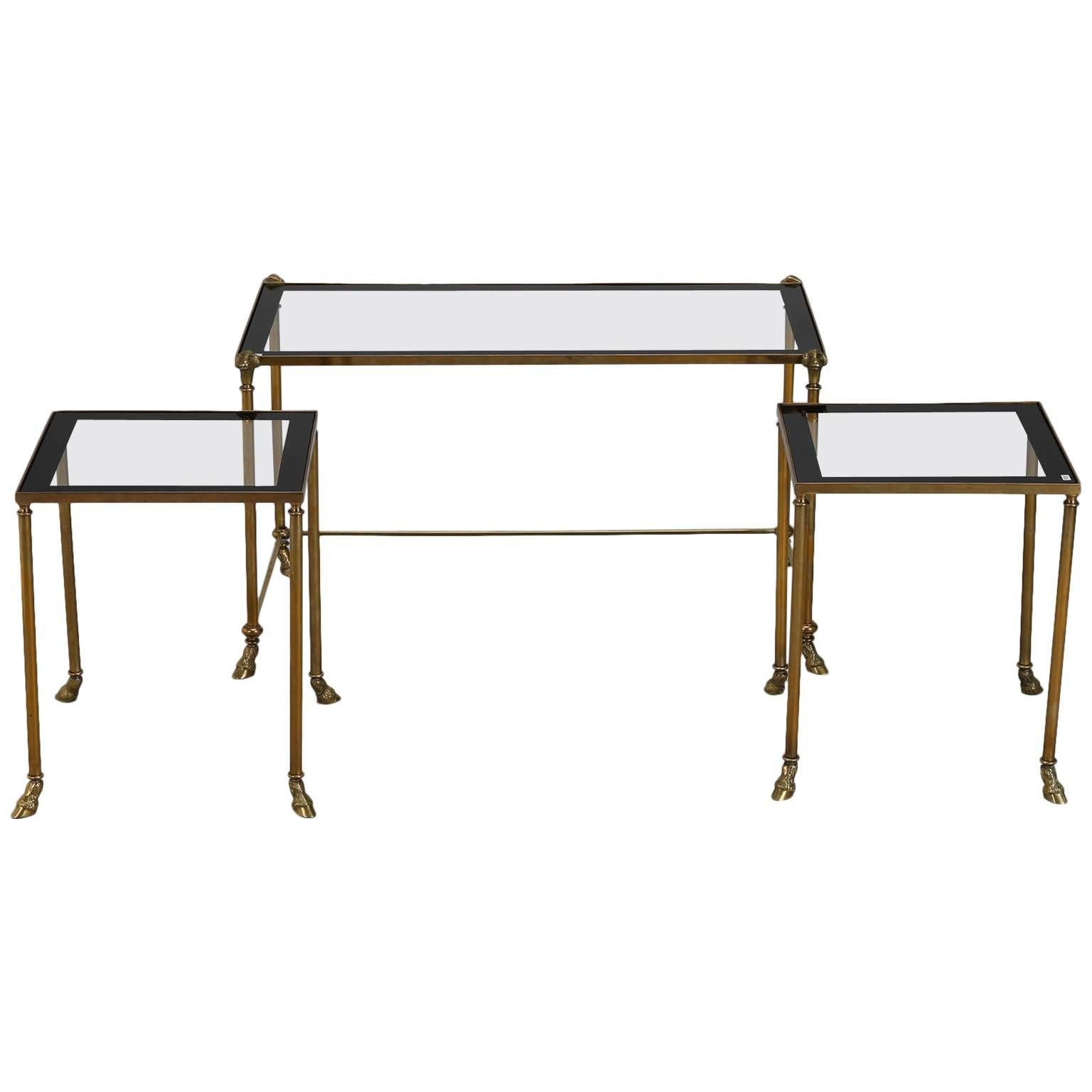 Trio Brass and Glass Ram's Head and Hoof Feet Nesting Tables
