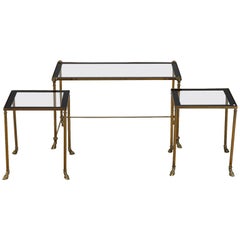 Trio Brass and Glass Ram's Head and Hoof Feet Nesting Tables