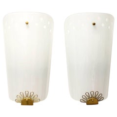 Pair of Large Vintage Glass and Brass Cinema Sconces Wall Lights, France 1950s