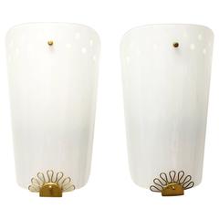 Pair of Large Vintage 1950s Glass and Brass Cinema Sconces Wall Lights 2