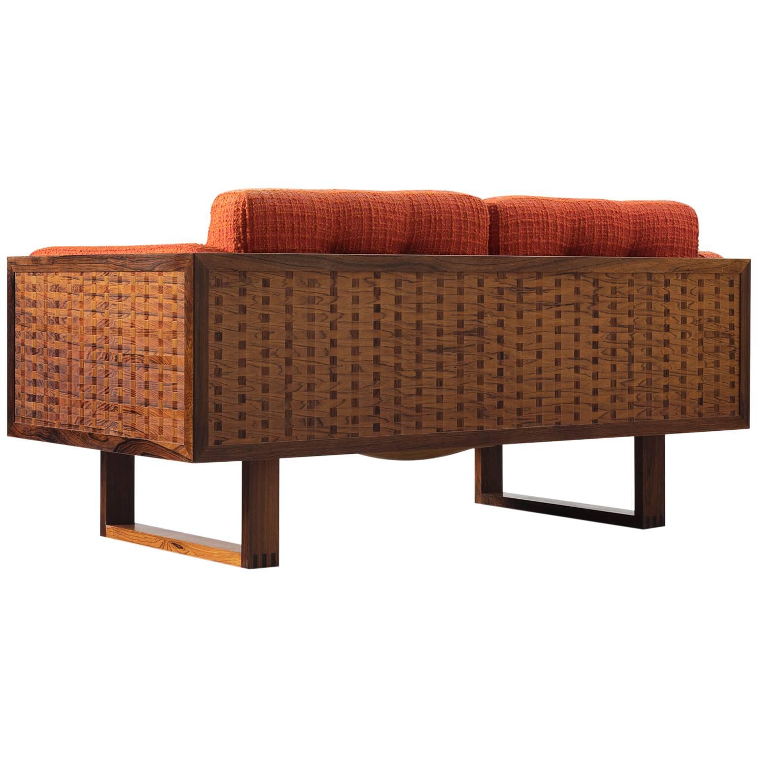 Poul Cadovius Small Rosewood Sofa in Orange Fabric Upholstery