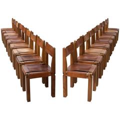 Pierre Chapo Set of 18 S11 Dining Chairs in Solid Elm and Cognac Leather