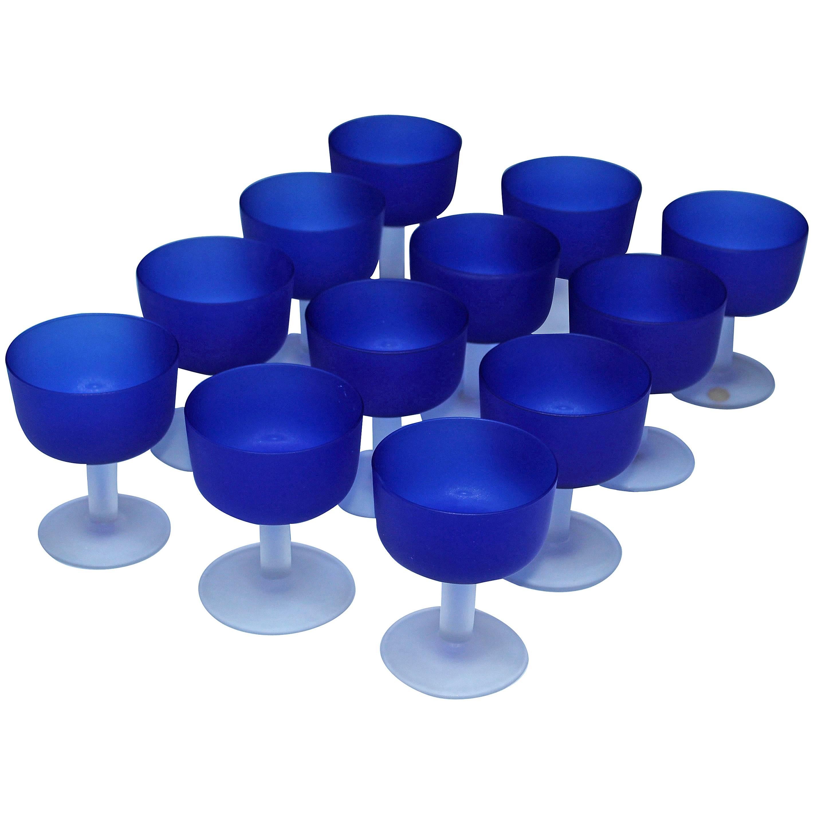 1970's Blue Glass Italian Set Of 12  Glass Goblets For Sale