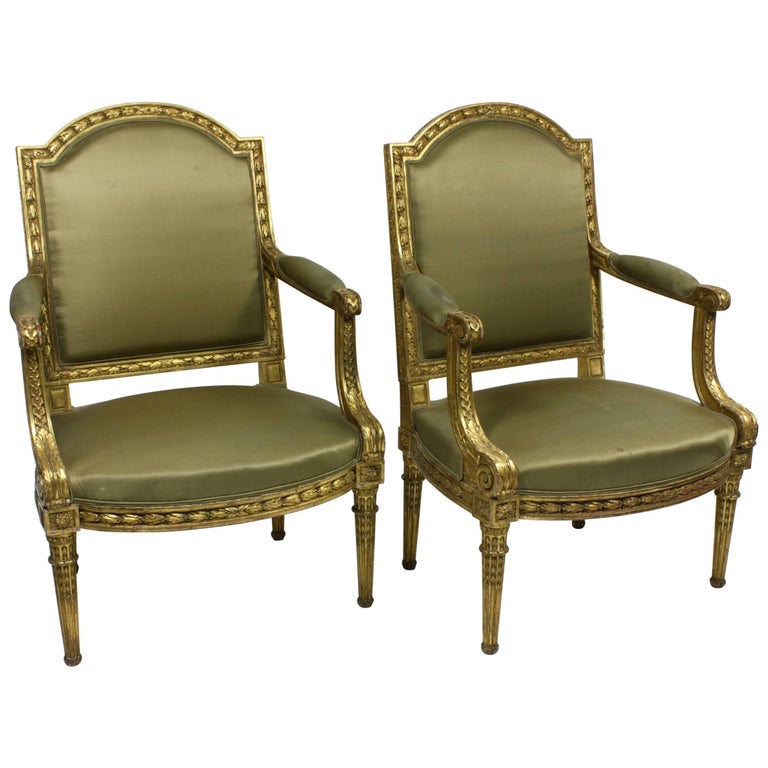 Pair of Fine Quality Louis XVI Style Giltwood Armchairs For Sale