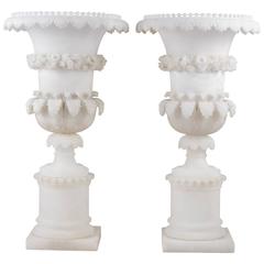 Pair of 19th Century Hand-Carved Alabaster Urns or Lamps with Acanthus Leaves
