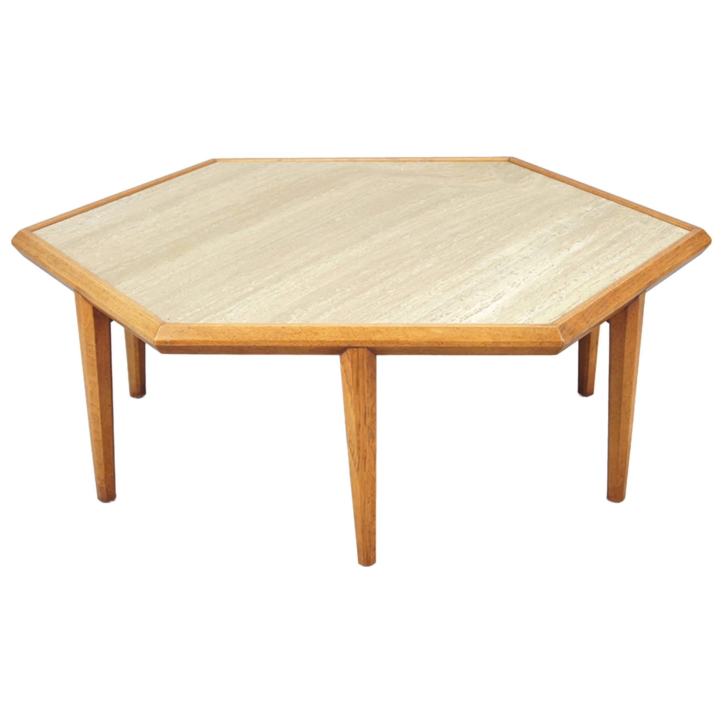 Travertine and Walnut Table Attributed to Harvey Probber For Sale