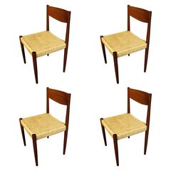 Vintage Four Poul Volther for Frem Rojle Danish Teak Woven Cord Dining Chairs