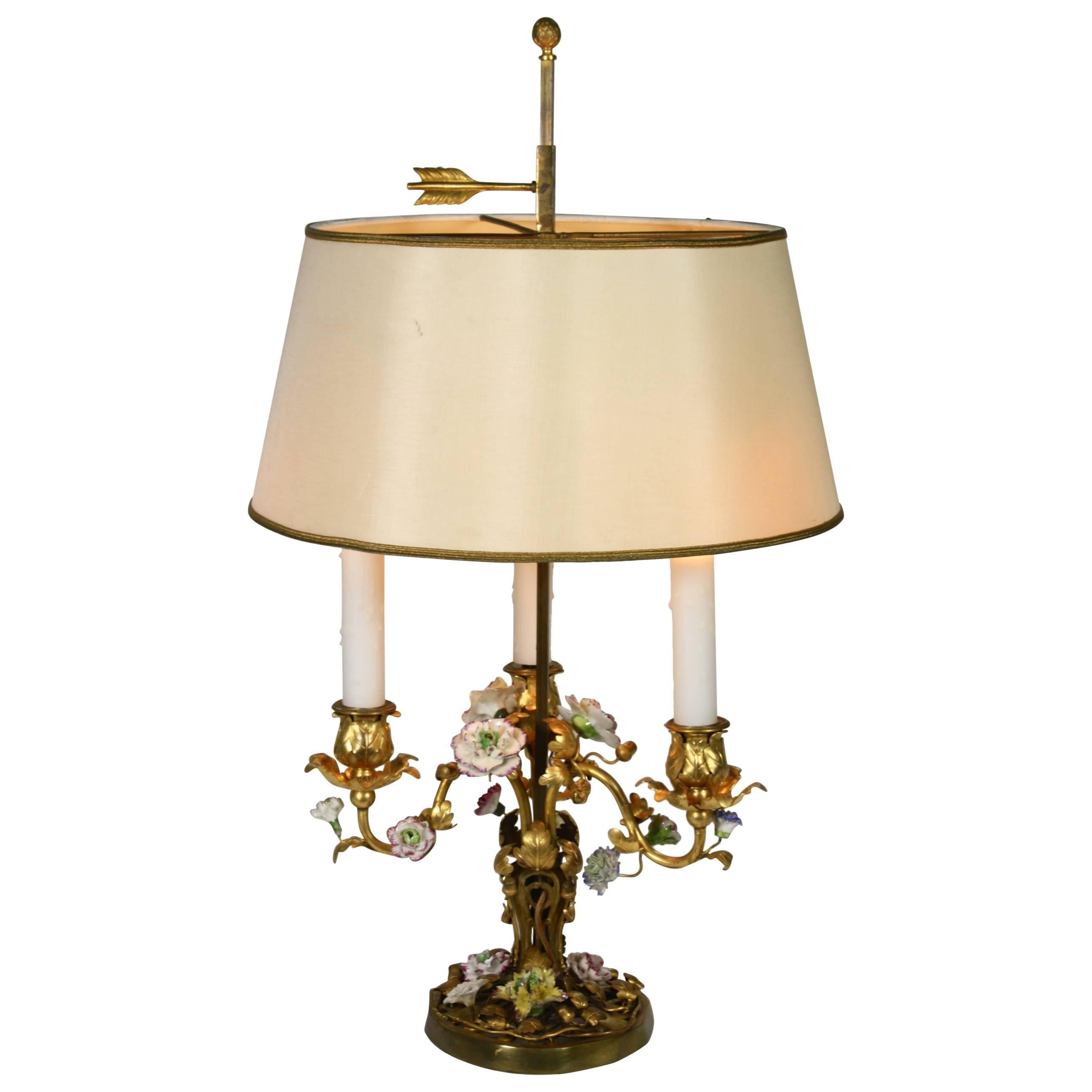 French Gilt-Bronze and Porcelain Flower Bouillotte Lamp