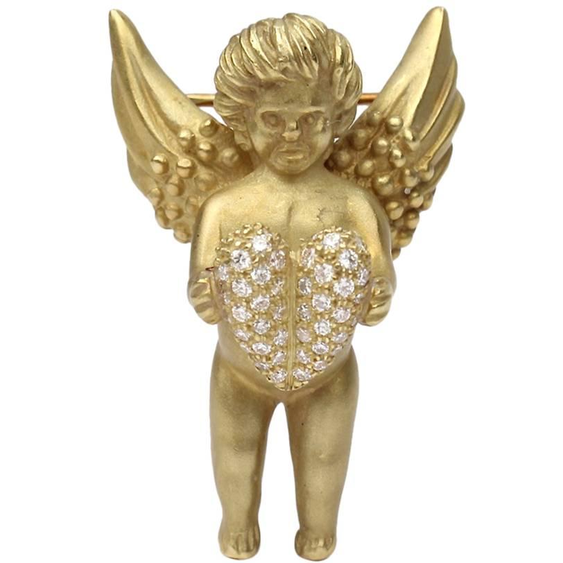 18-Karat Gold & Diamonds Kieselstein Cord Angel with Heart Brooch or Pin
