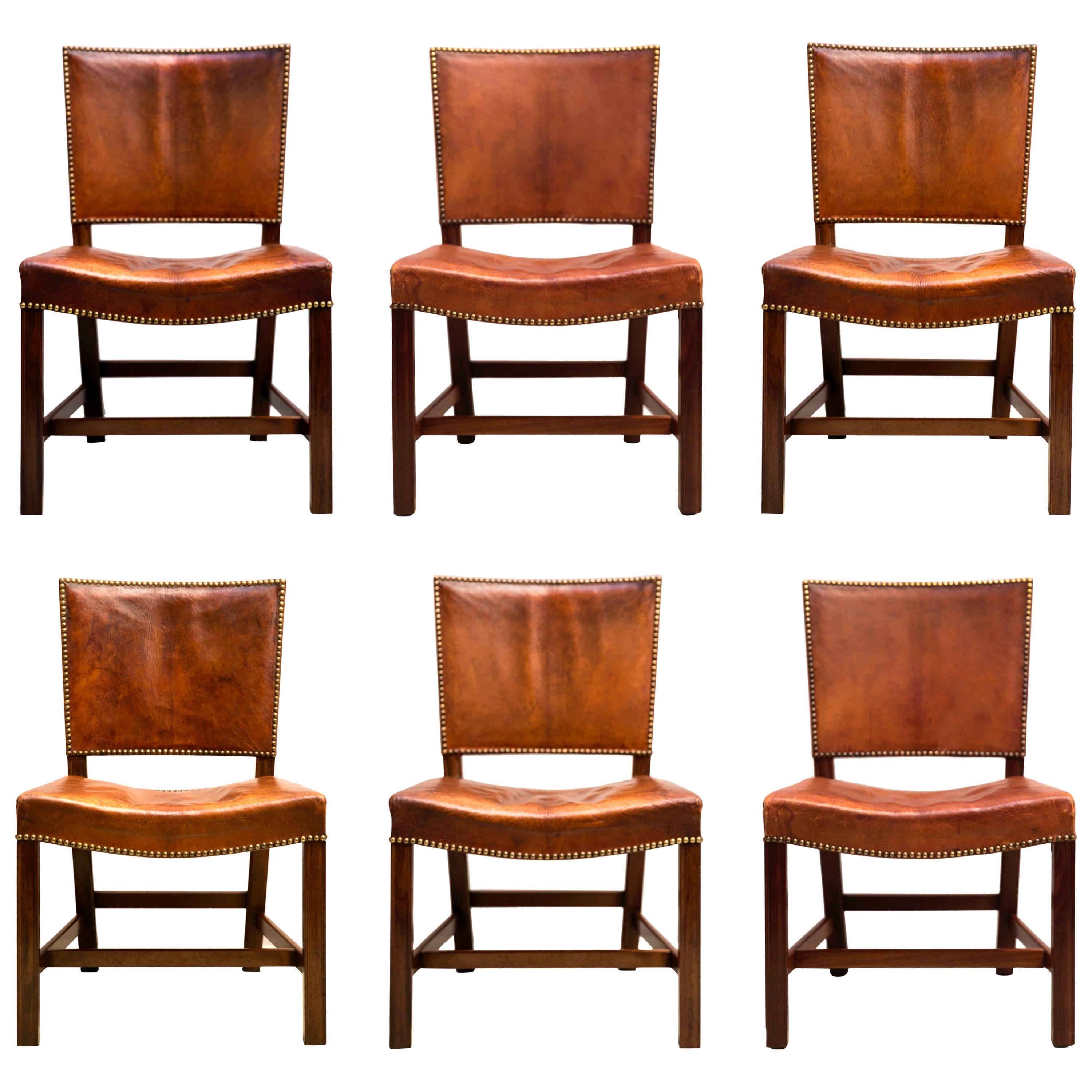 Six Large “Red Chairs” by Kaare Klint in Original Patinated Nigerian Goatskin For Sale