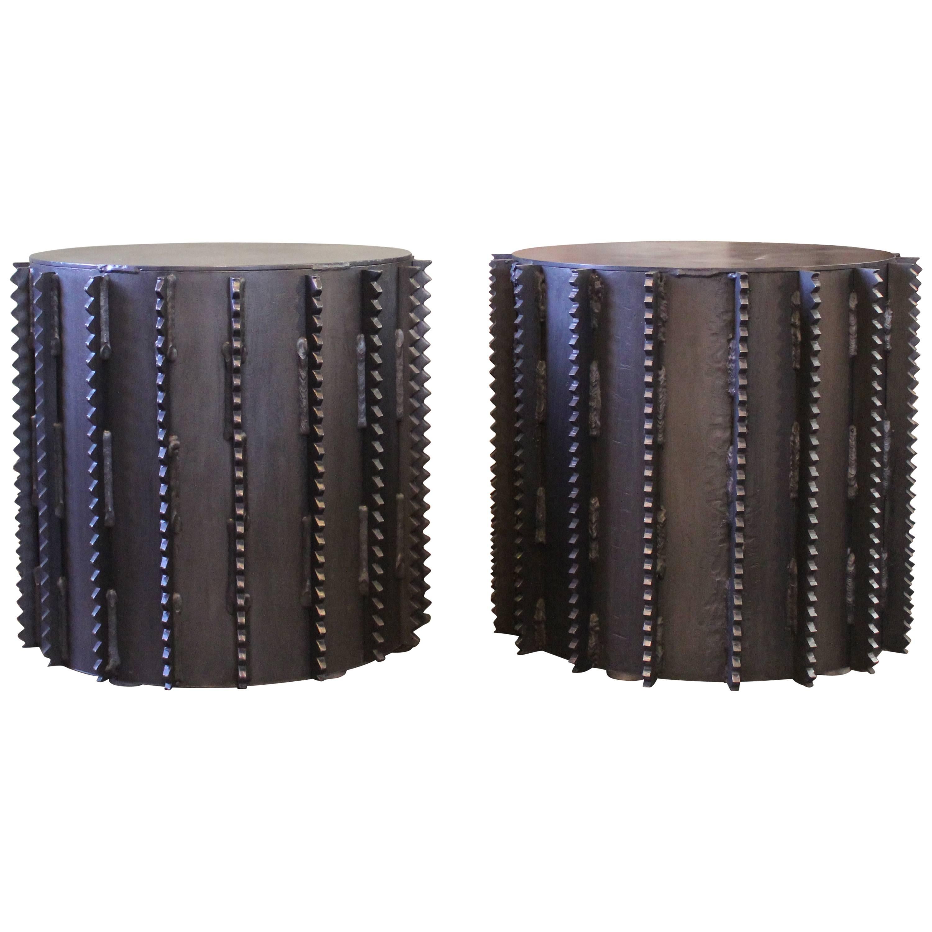 Pair of Steel Side Tables Industrial Brutalist Style For Sale