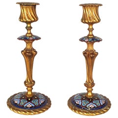Antique Pair of French Bronze Champlevé Enamel Candlesticks