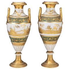 Pair of Paris Green and Gilt Porcelain Hunting Vases