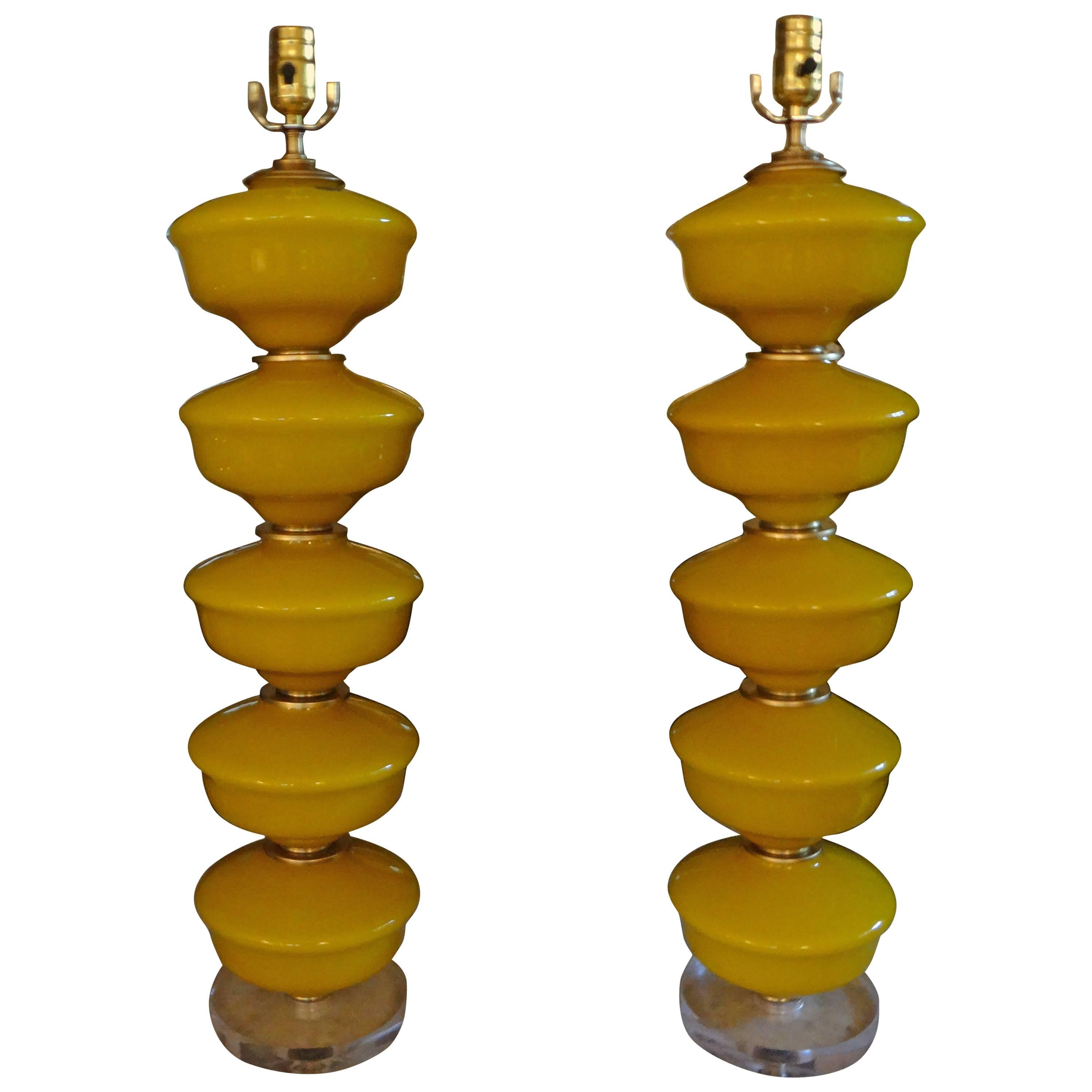 Tall Pair of Yellow Murano Glass Lamps on Lucite Bases