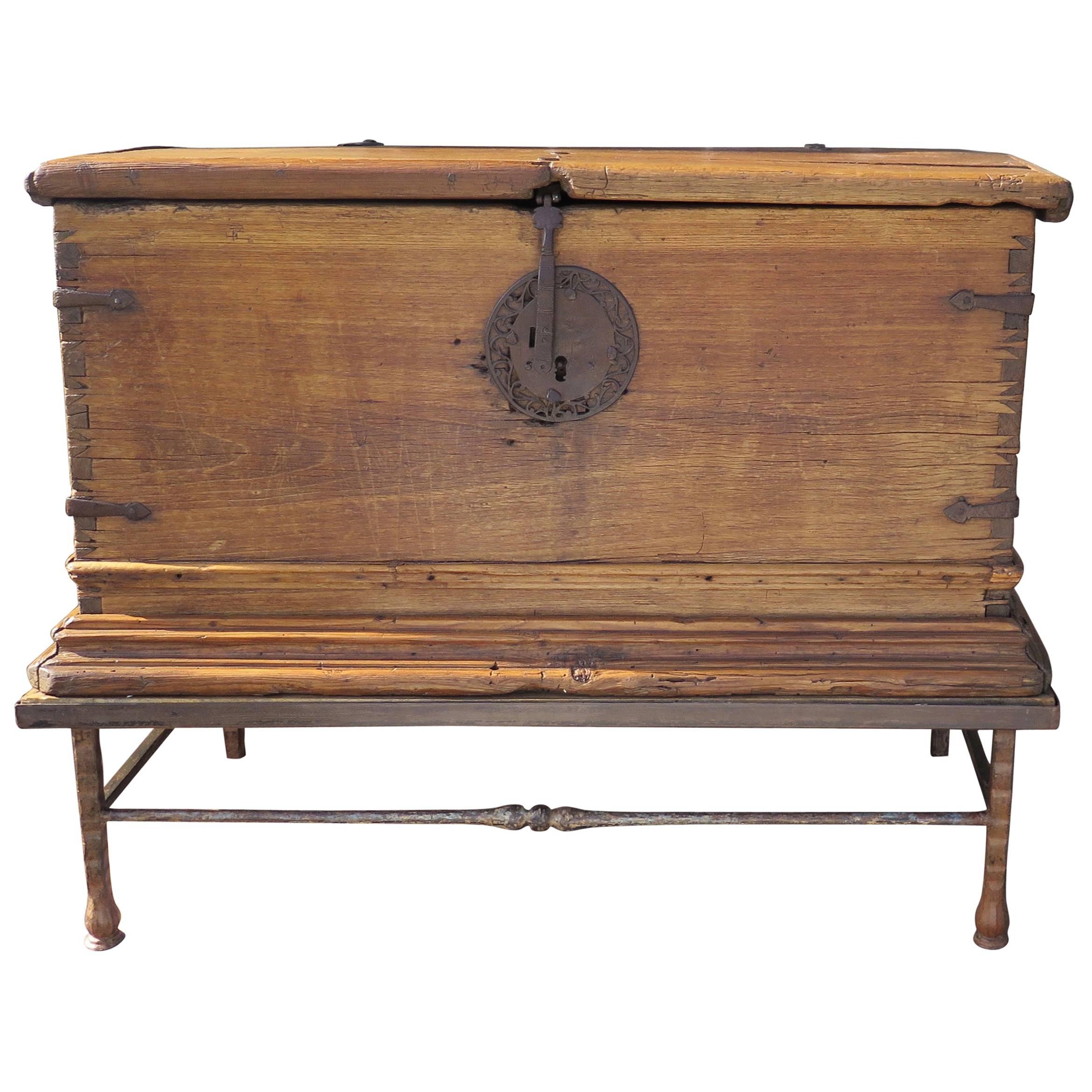 18th Century Mexican Spanish Colonial Sabino Wood Chest on Iron Base