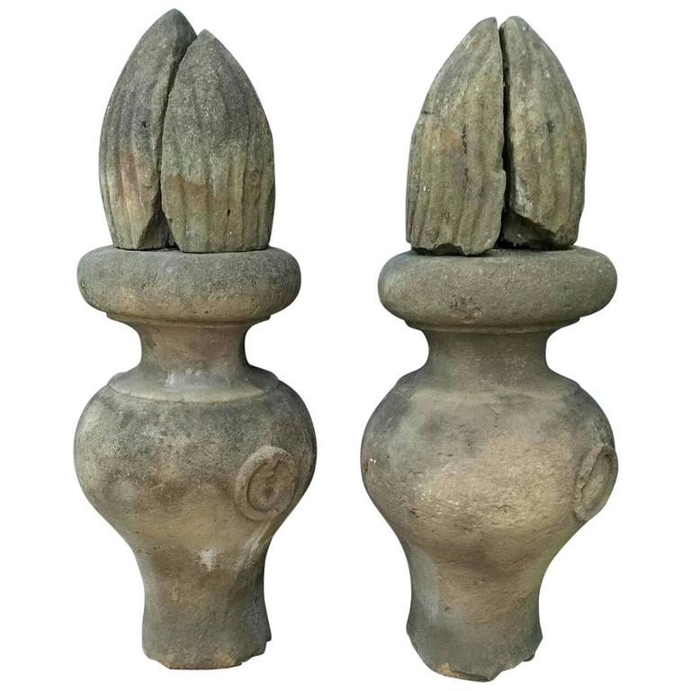 Pair of Large Antique Cast Stone Flame Top Finial Posts For Sale at 1stDibs
