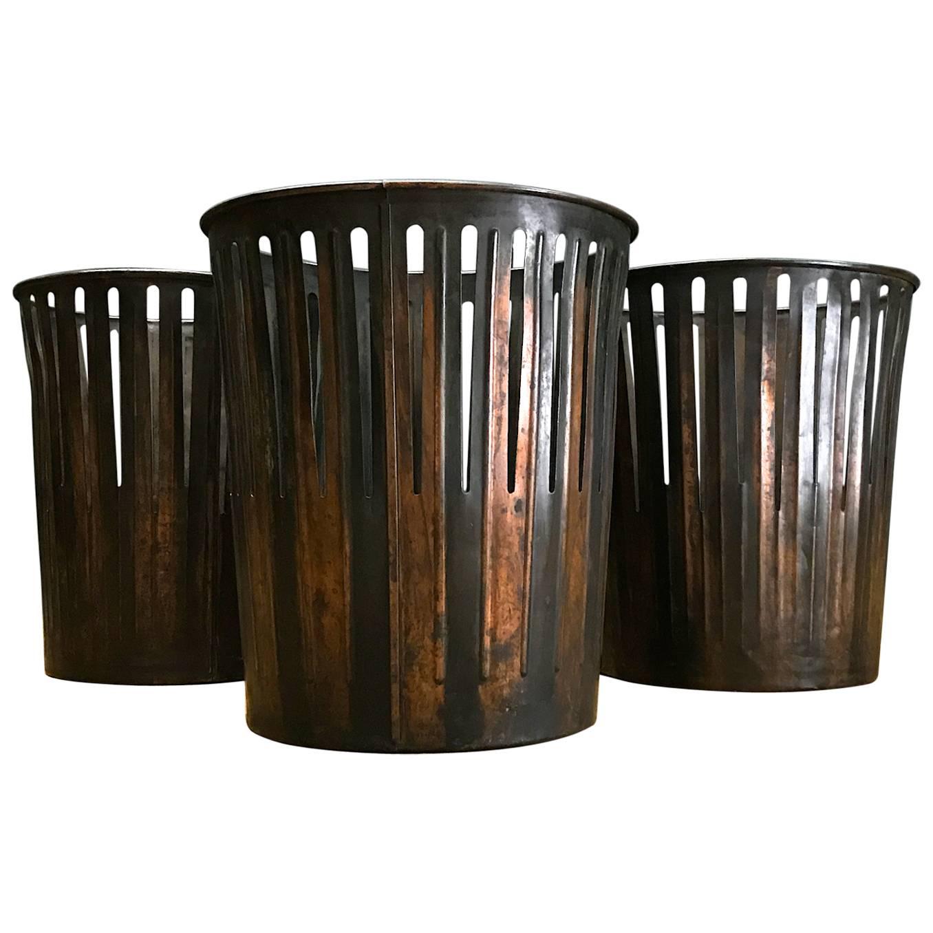 Japanned Finished Industrial Copper Office Wastebaskets Trash Cans Victorian Era