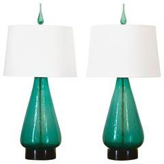 Pair of Original 1960s Blenko Lamps in Sea Green