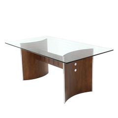 Glass Top Curved Walnut Base Dining Table