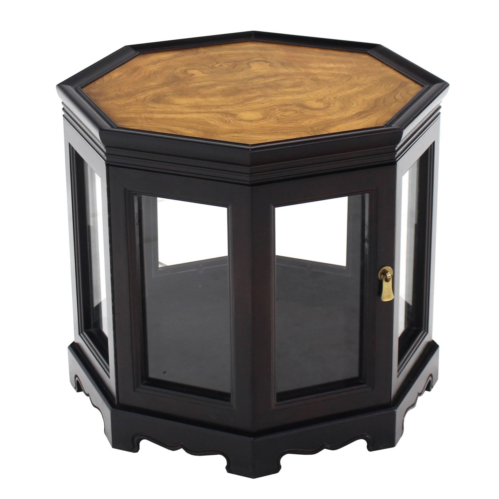 Octagonal Black with Burl Wood Top Cabinet Side Table For Sale
