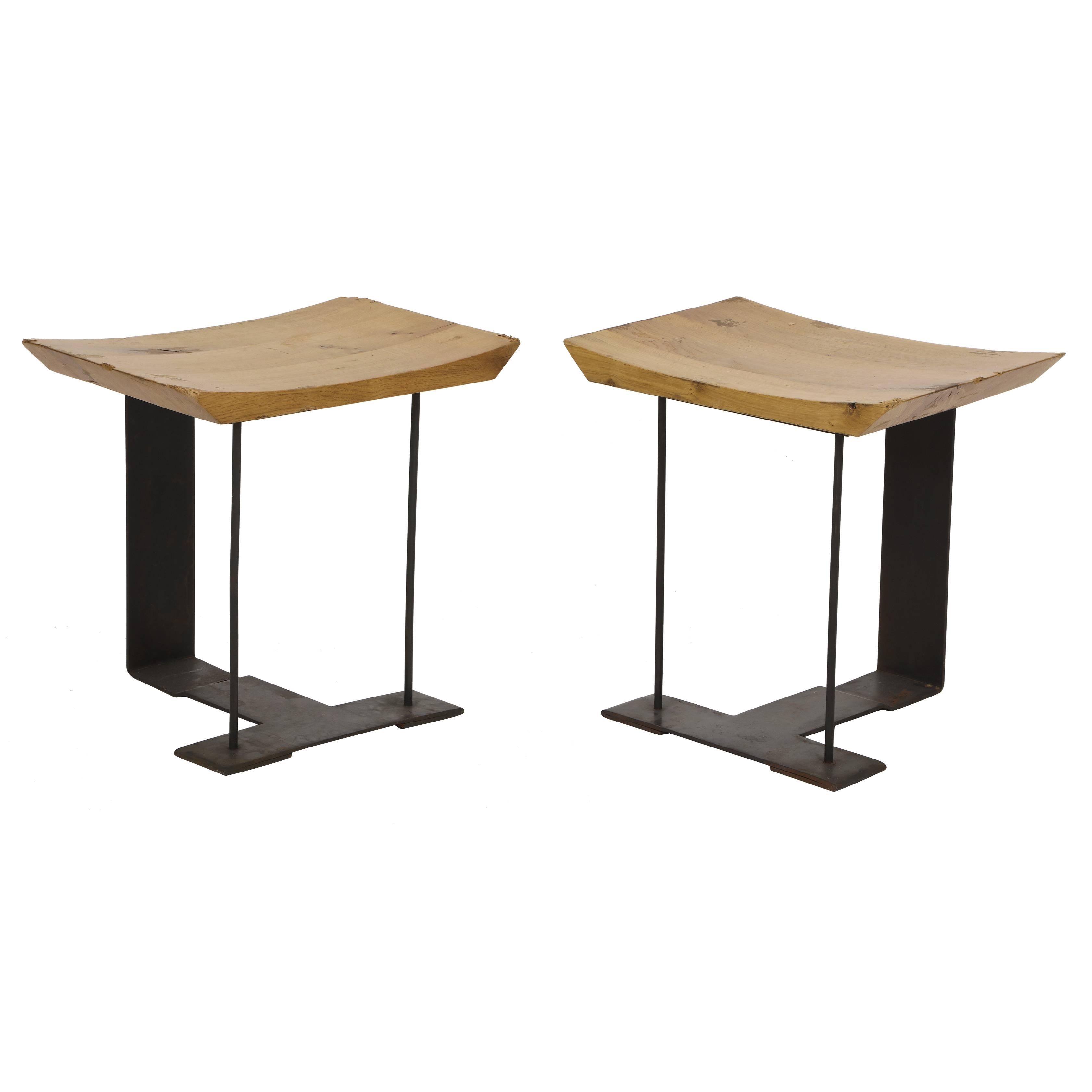 Iron and Wood Stools after Pierre Chareau SN2 France 1920s-1930s Deco.

Iconic stools or side tables after Pierre Chareau. Iron and wood. Not sure when these specific pieces were made but the iron looks oxidized. The wood has some wear to a few